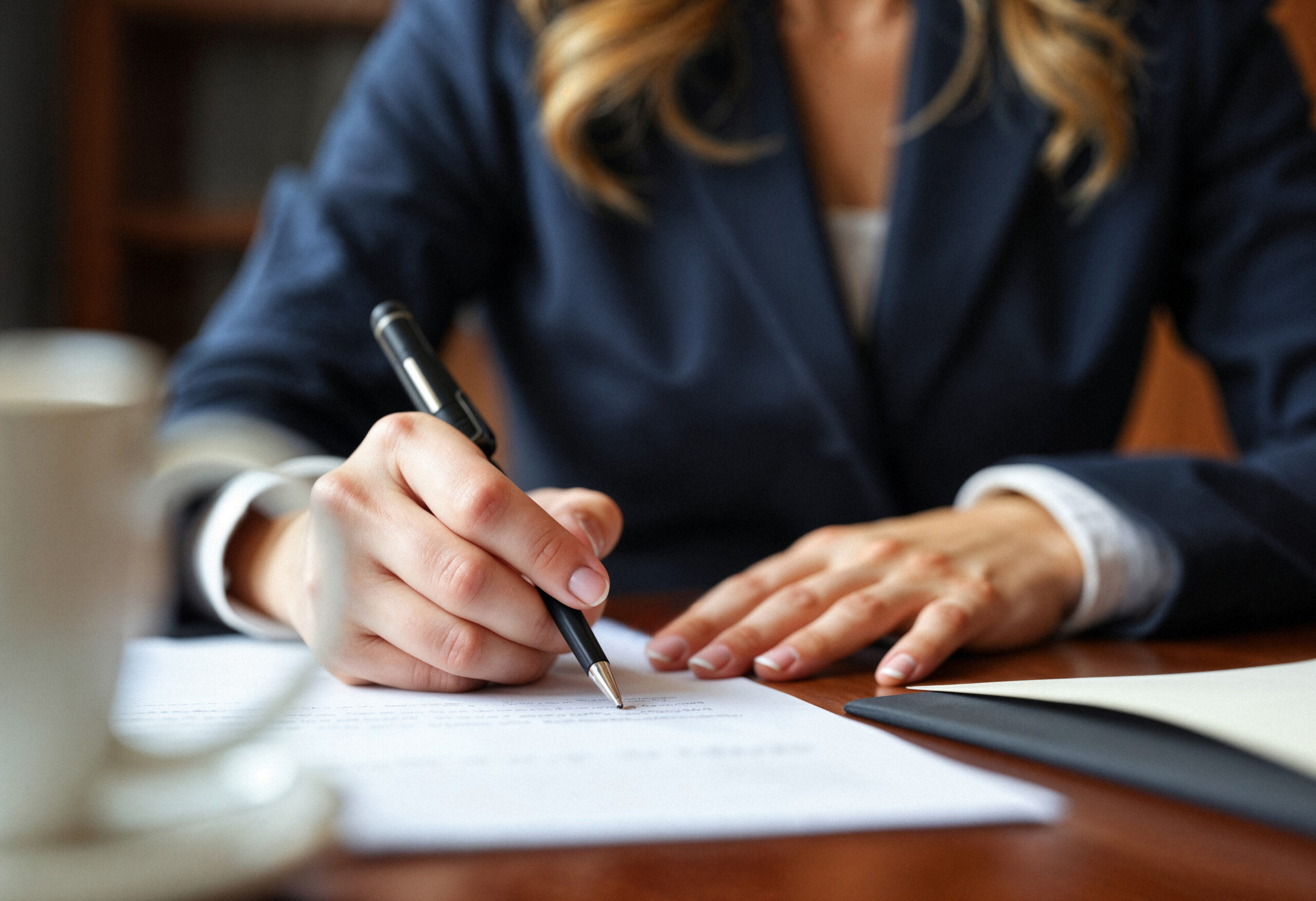 mujer firmando papeles